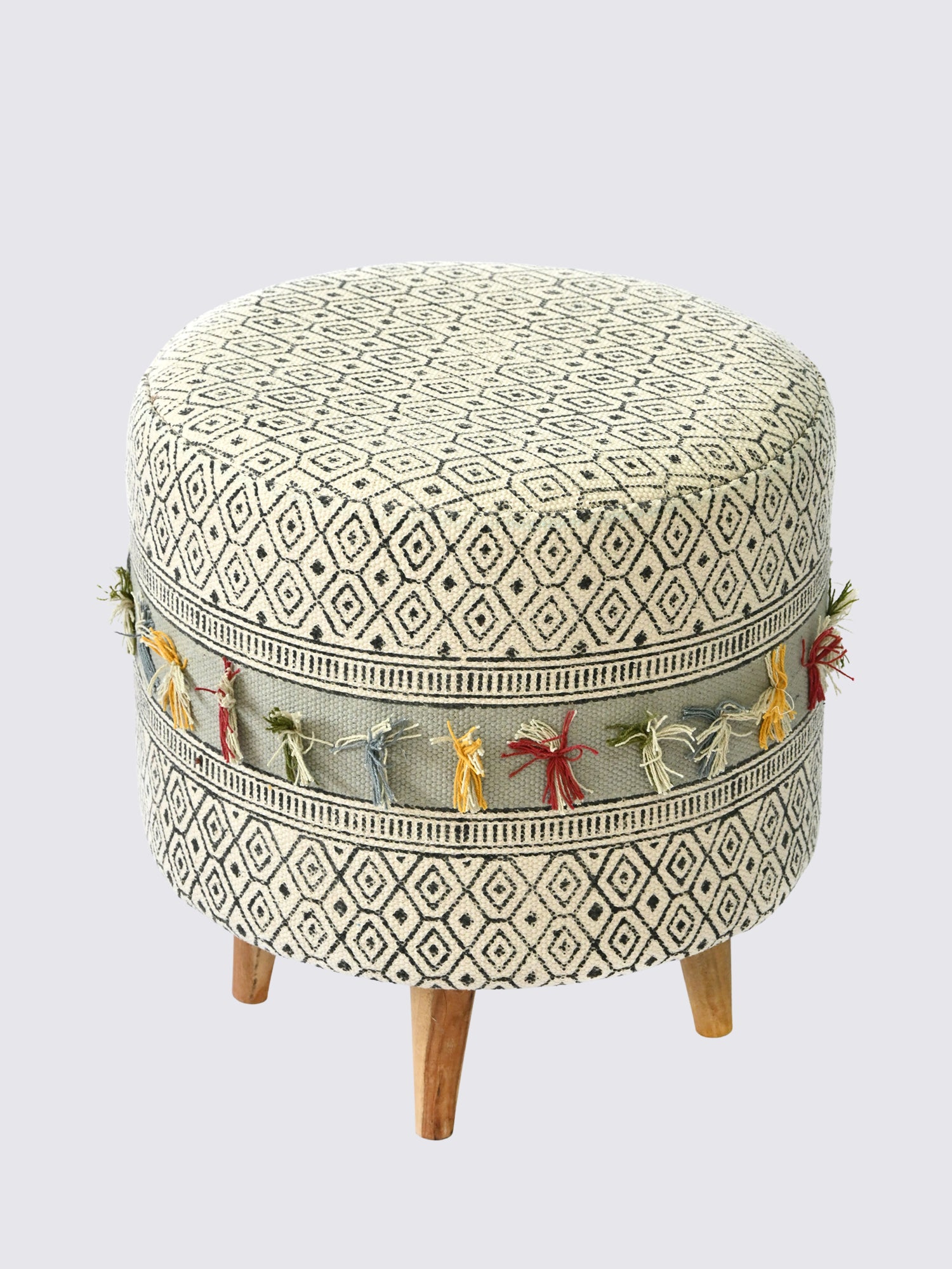 Close-up of kilim geometric pattern on ottoman — Art Avenue