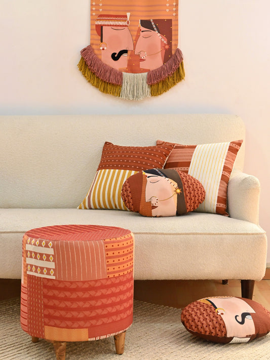 Kilim-Upholstered Cylindrical Ottoman in Brown — Art Avenue