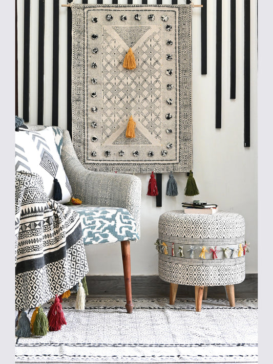 Kilim-Upholstered Cylindrical Ottoman in Brown — Art Avenue
