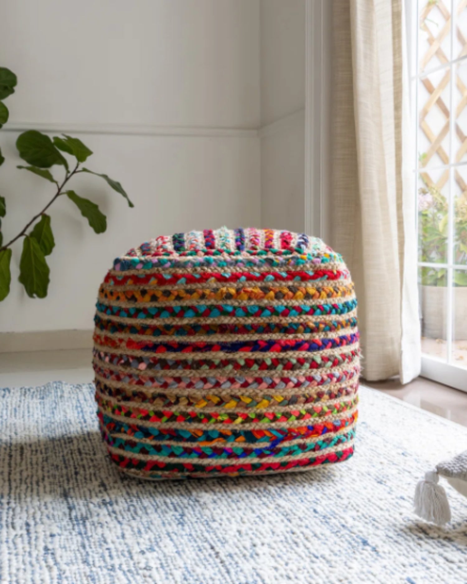 Side view of kilim cylindrical pouf — Art Avenue