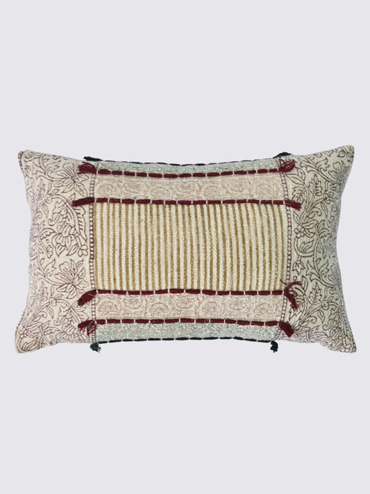 Gulzar Block-Printed Embroidered Lumbar Cushion Cover
