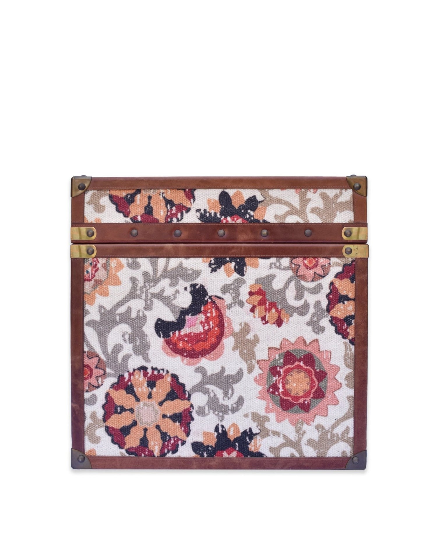 Side view of printed fabric and leather trunk — Art Avenue