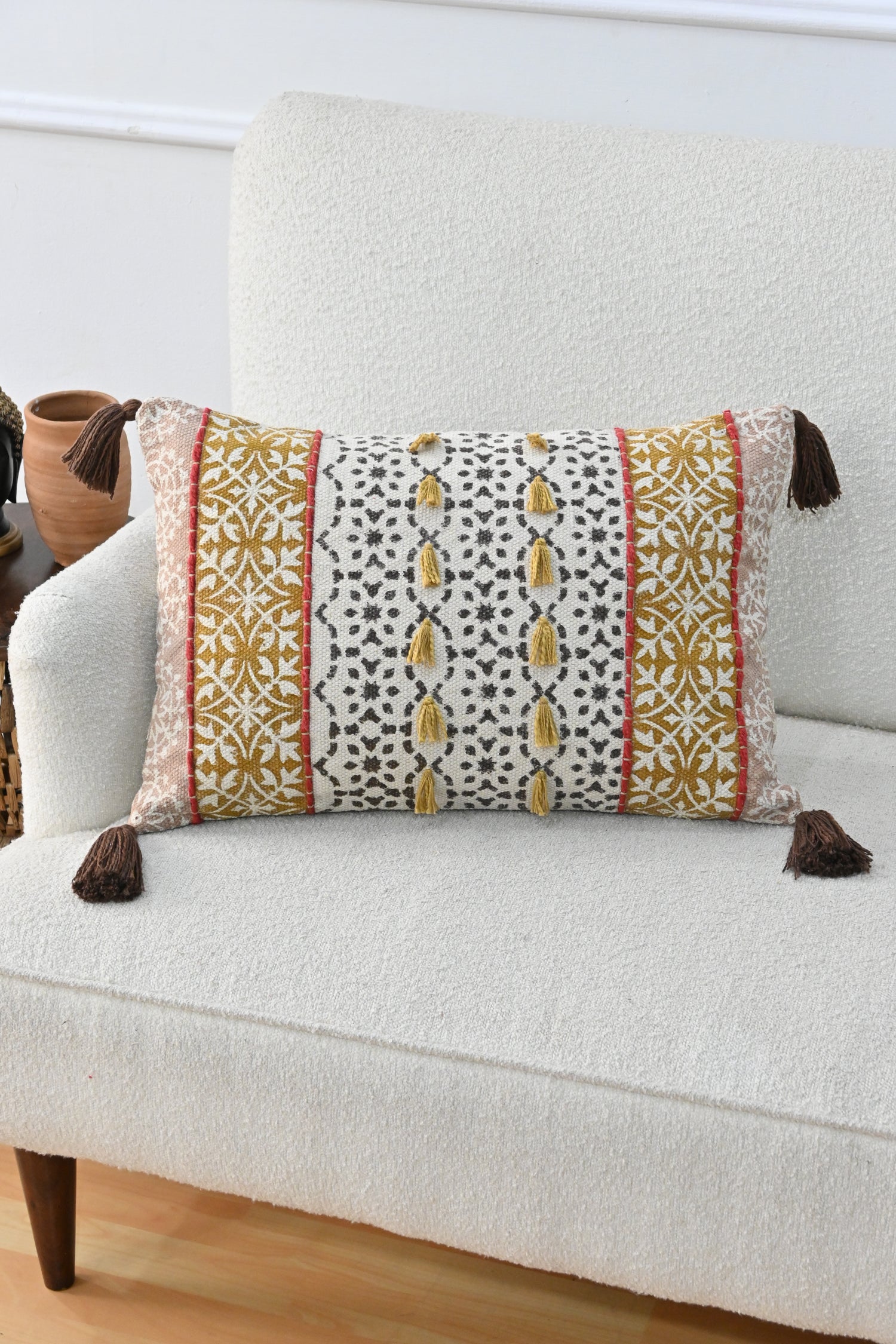 Carmine Block-Printed Lumbar Cushion Cover