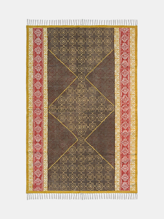Block-Printed Cotton Dhurrie Rug in Blue & Yellow Traditional — Art Avenue