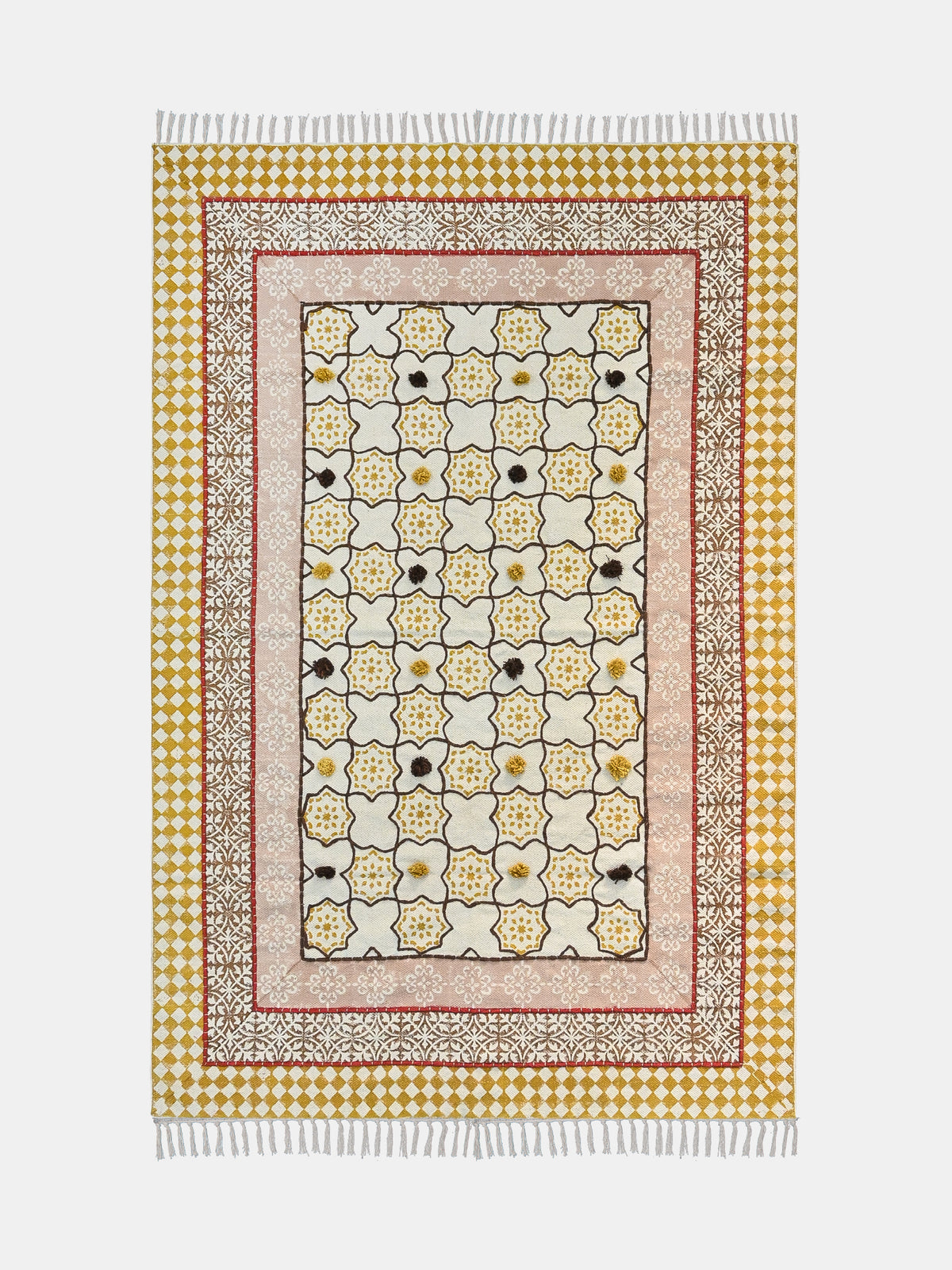 Block-Printed Cotton Dhurrie Rug in Blue & Yellow Traditional — Art Avenue