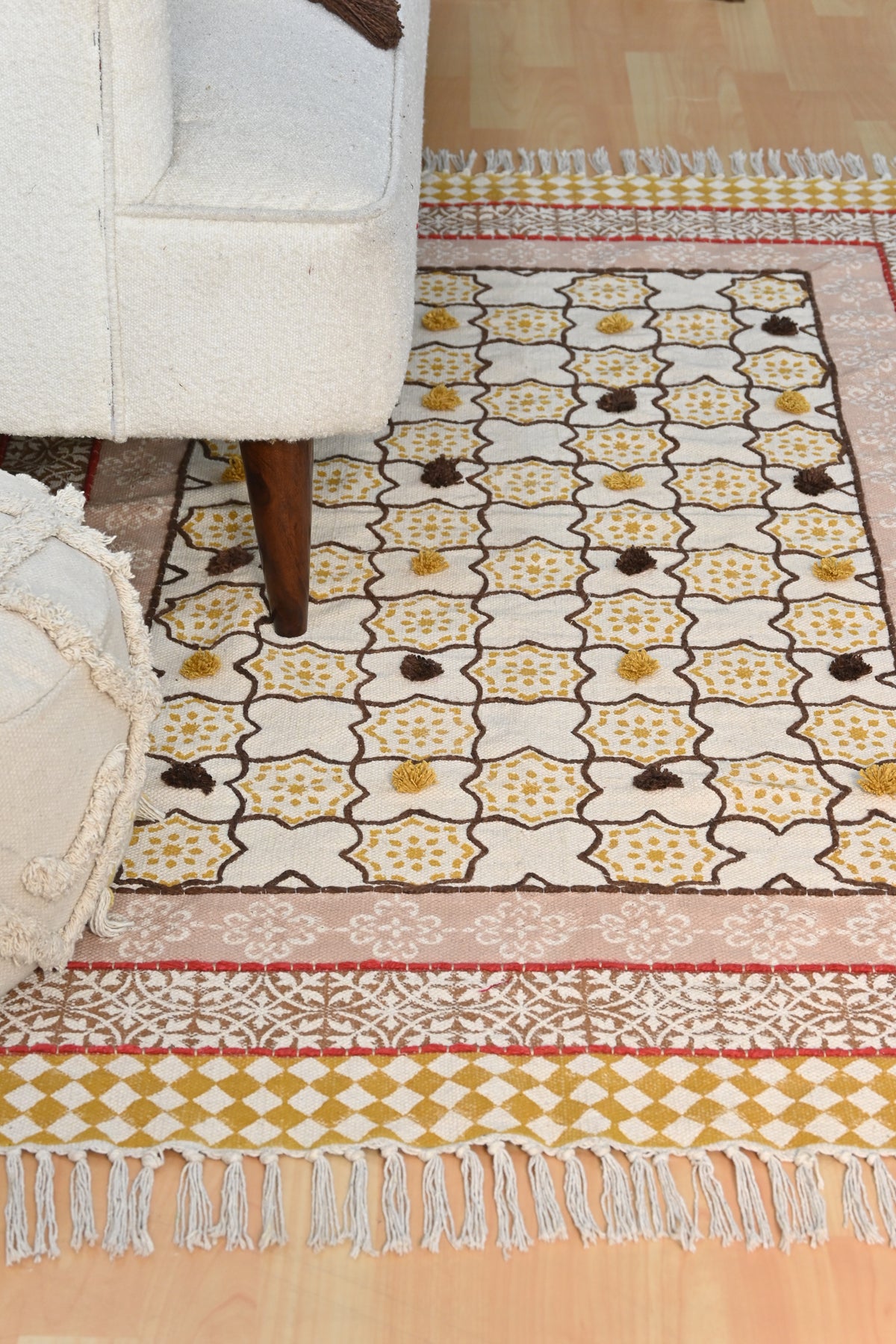 Detail of block-print pattern on cotton dhurrie rug — Art Avenue