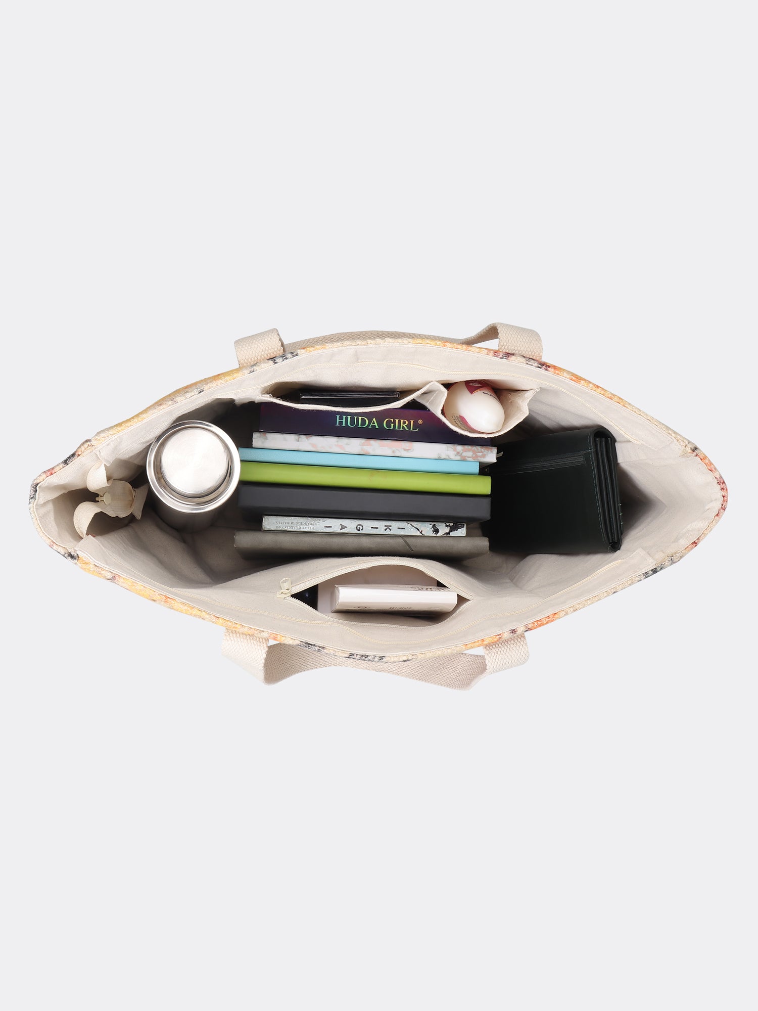 Elanora block-printed embroidered tote bag flat lay — Art Avenue
