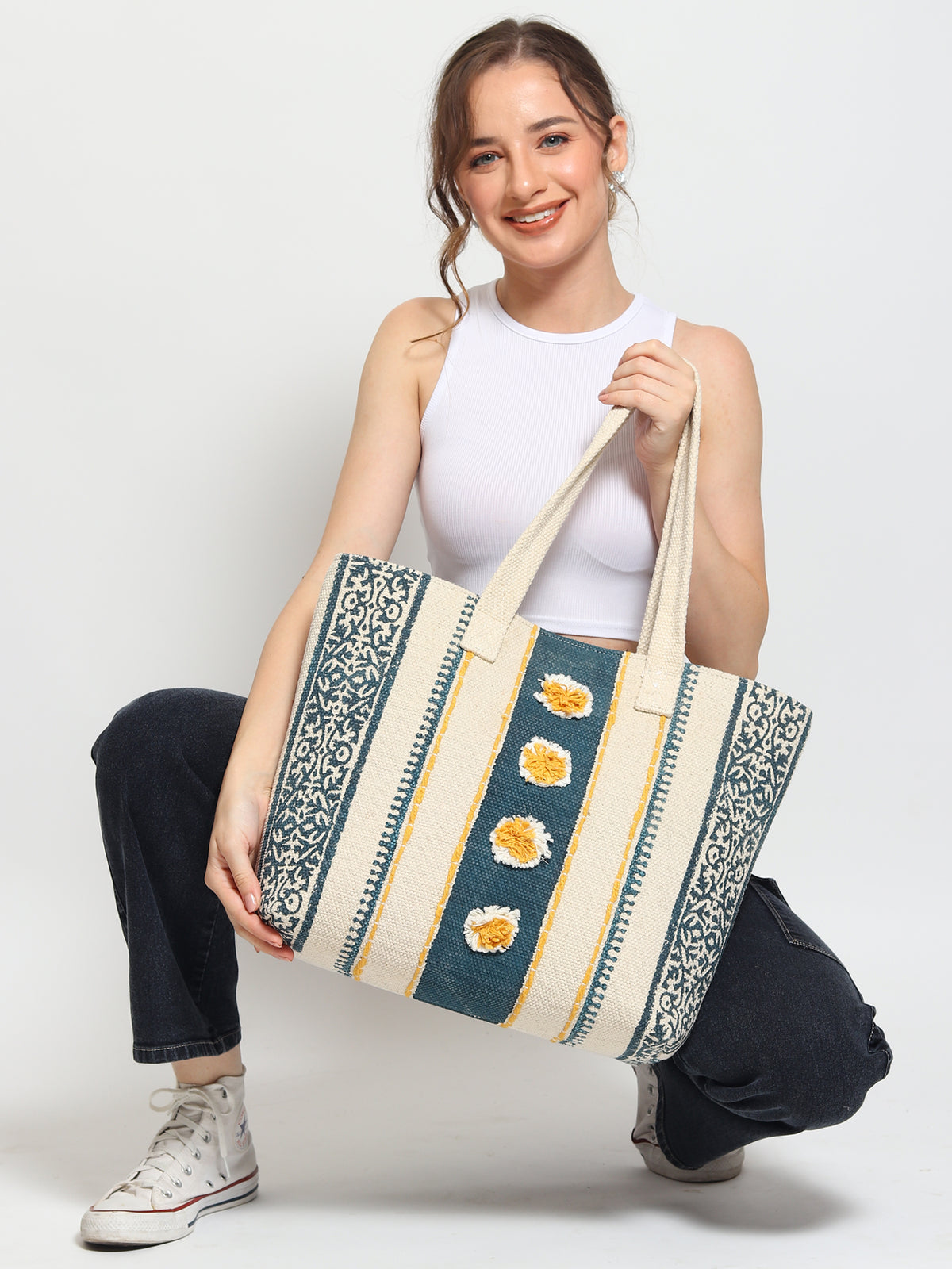 Brisk block-printed tote bag, side view — Art Avenue