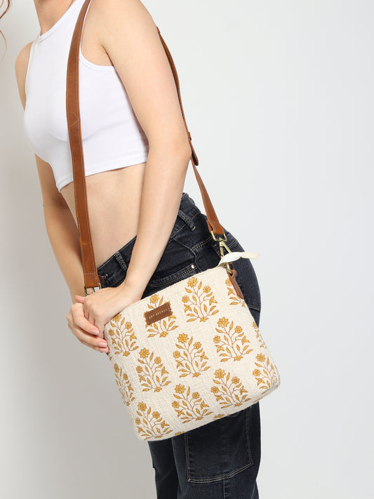 Charlie block-printed and leather sling bag — Art Avenue
