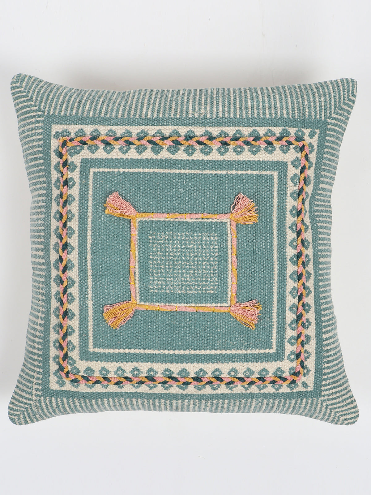 Aella Block-Printed Embroidered Square Cushion Cover