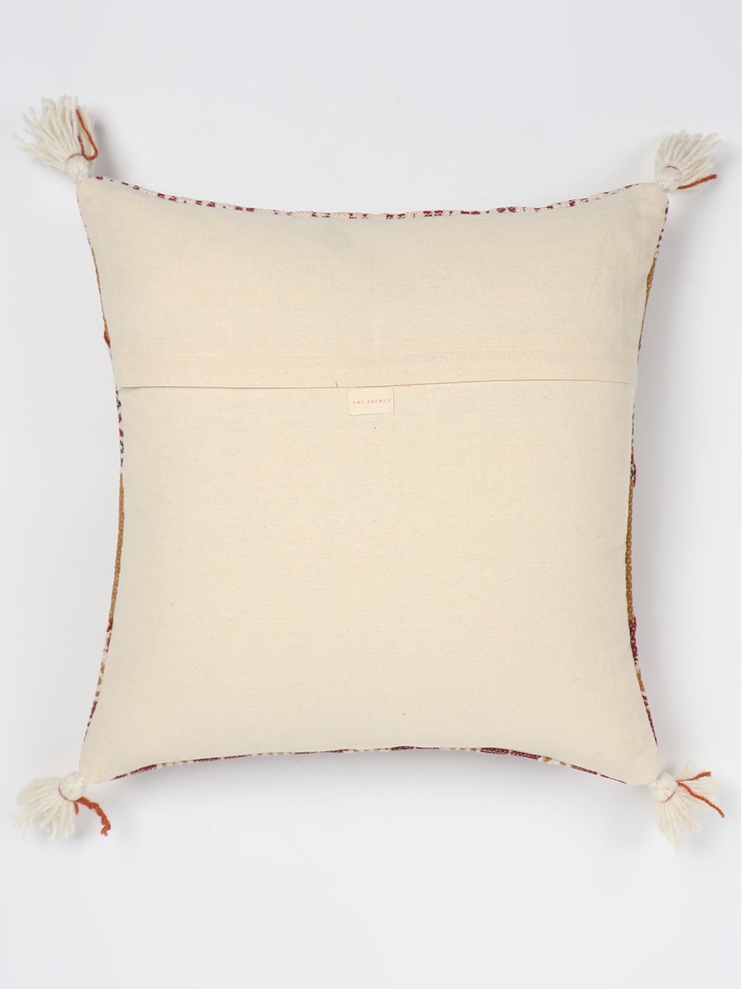 Border Block-Printed Embroidered Tassel Cushion Cover — Brown