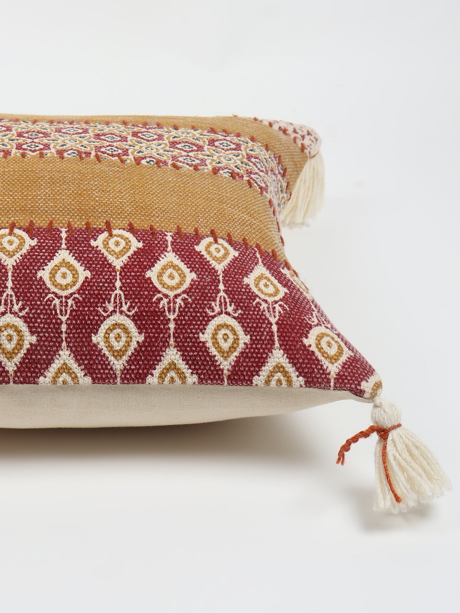 Border Block-Printed Embroidered Tassel Cushion Cover — Brown