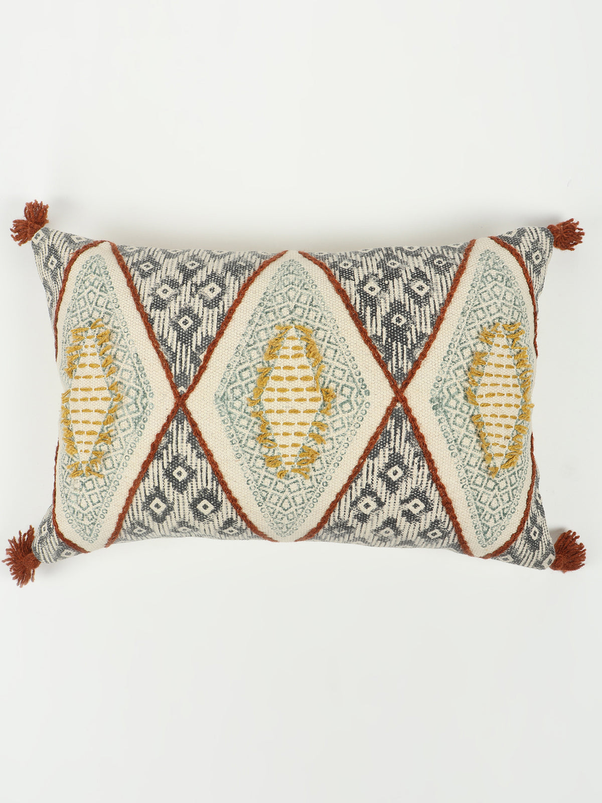 Detail of block-print embroidery on lumbar cushion cover — Art Avenue