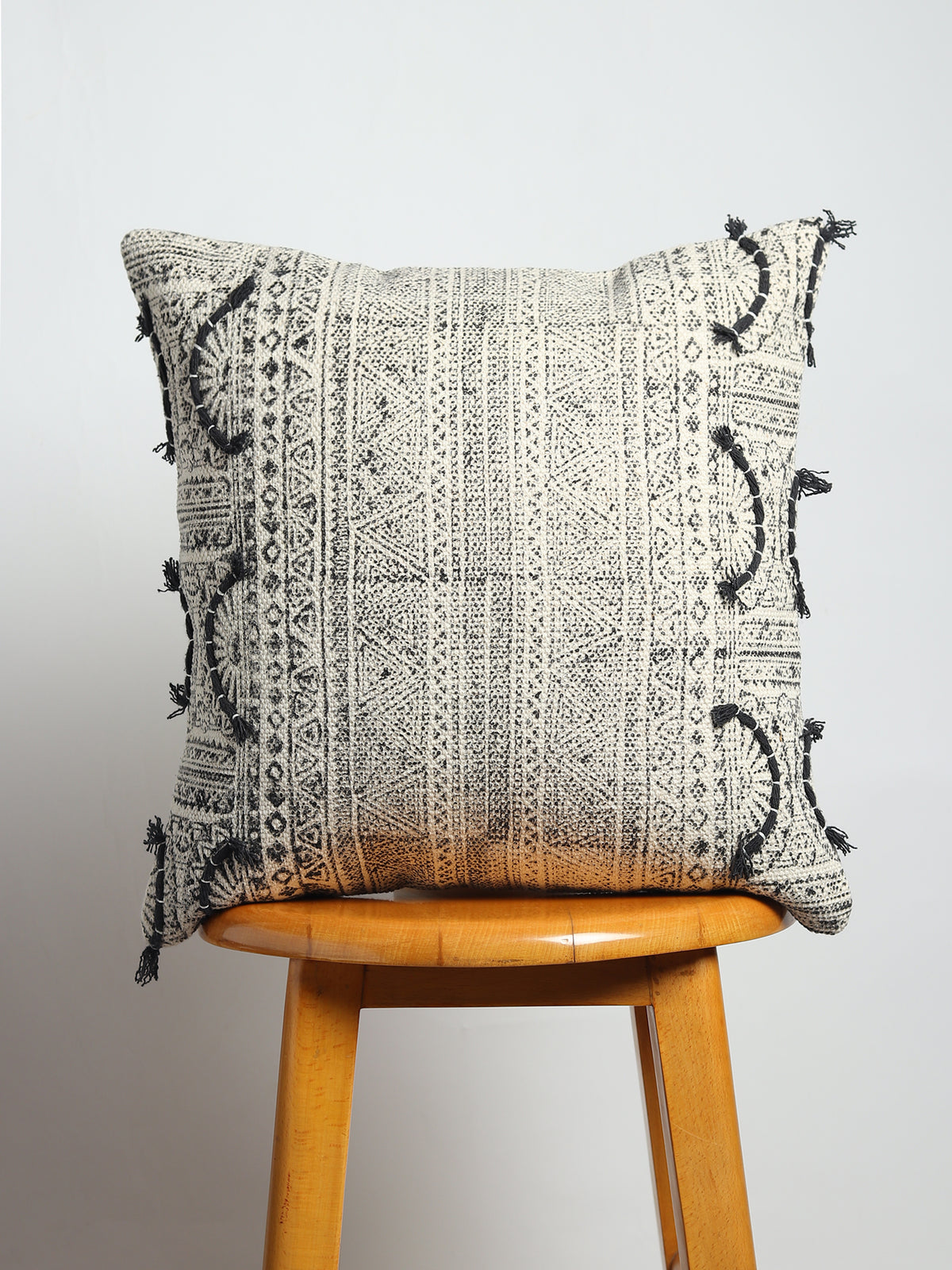 Charcoal Whimsical Block-Printed Square Cushion Cover