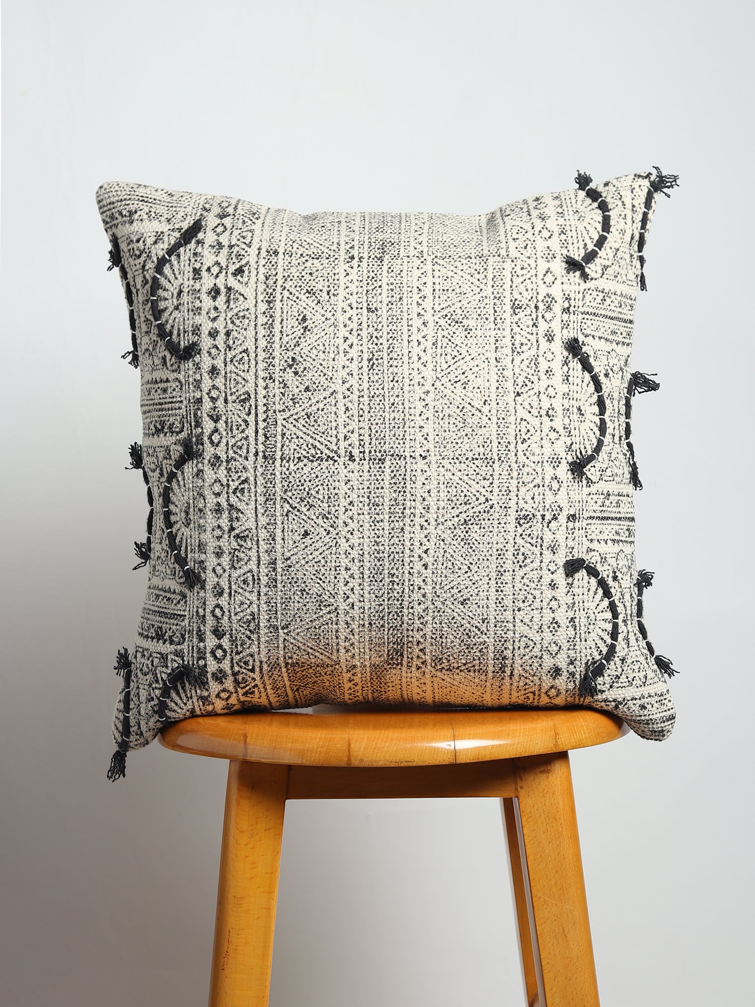 Charcoal Whimsical Block-Printed Square Cushion Cover