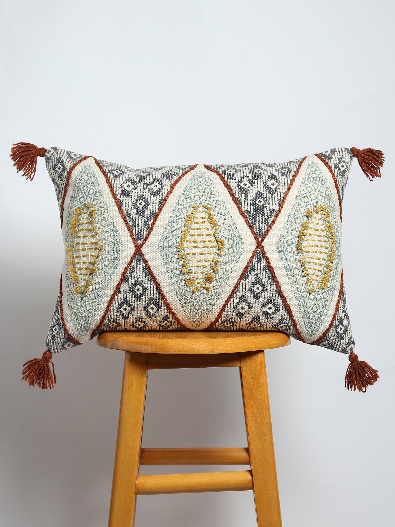 Fine Block-Printed Embroidered Lumbar Cushion Cover — Art Avenue