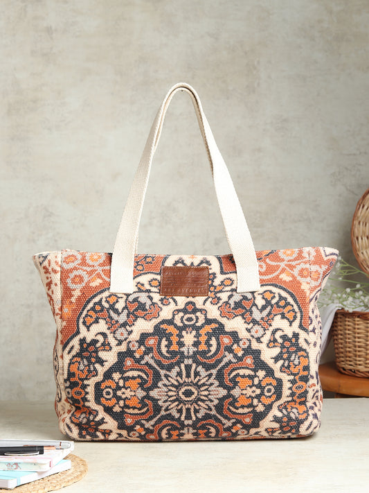 Marquess block-printed embroidered cotton tote bag — Art Avenue