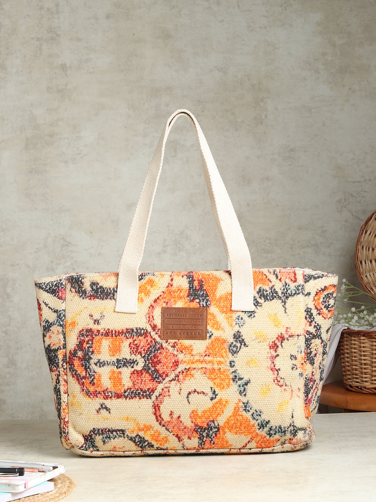 Faburra block-printed embroidered cotton tote bag — Art Avenue