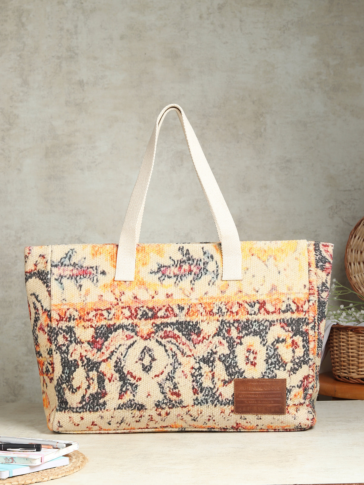 Elanora block-printed embroidered cotton tote bag — Art Avenue
