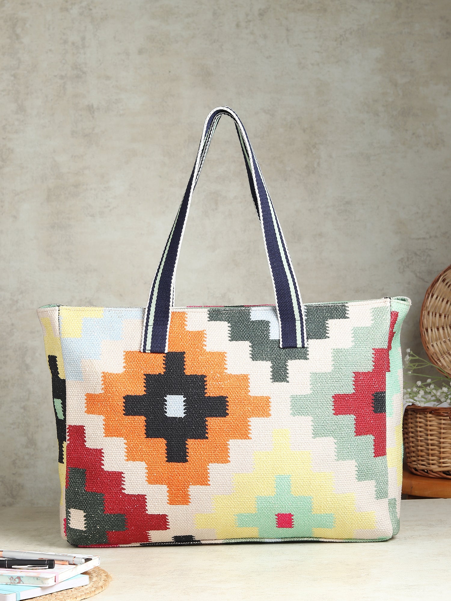 Velisse block-printed embroidered cotton tote bag — Art Avenue