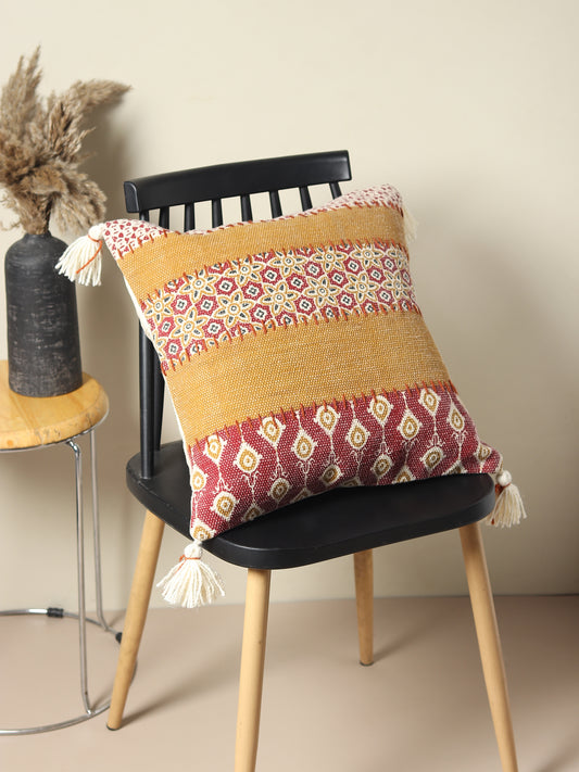 Border Block-Printed Embroidered Square Cushion Cover — Brown — Art Avenue
