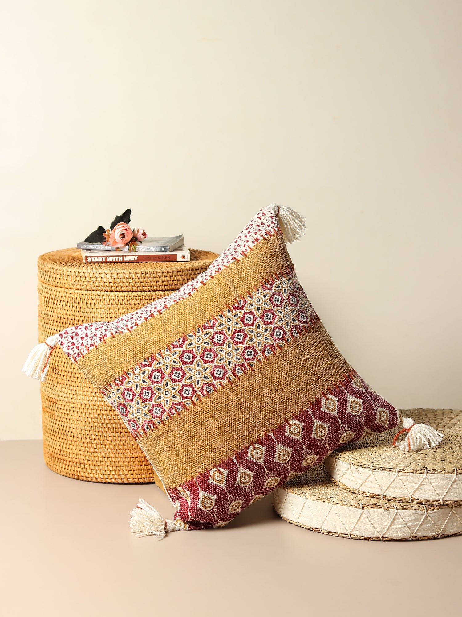 Block-printed embroidered square cushion on sofa — Art Avenue