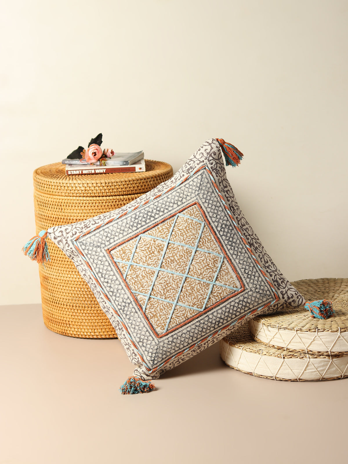 Block-printed square cushion on sofa — Art Avenue