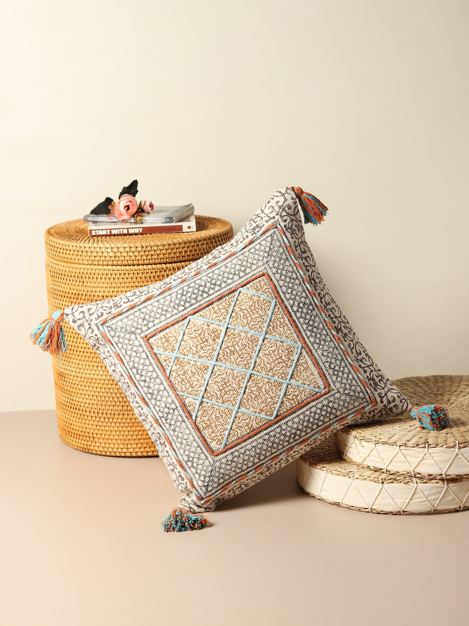 Block-printed square cushion on sofa — Art Avenue