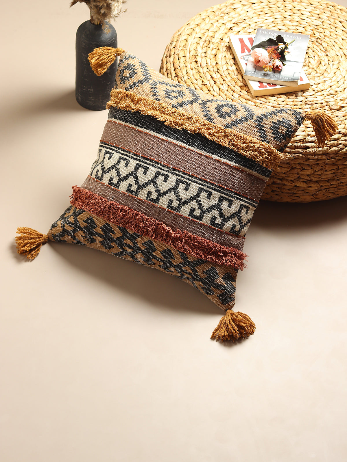 Block-printed shaggy square cushion on sofa — Art Avenue