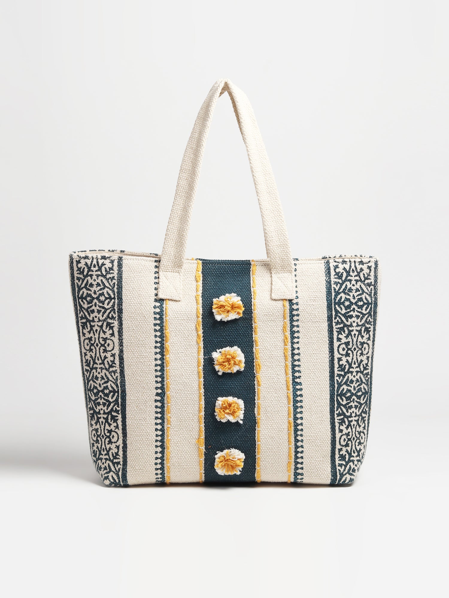 Brisk block-printed tote bag on shoulder — Art Avenue