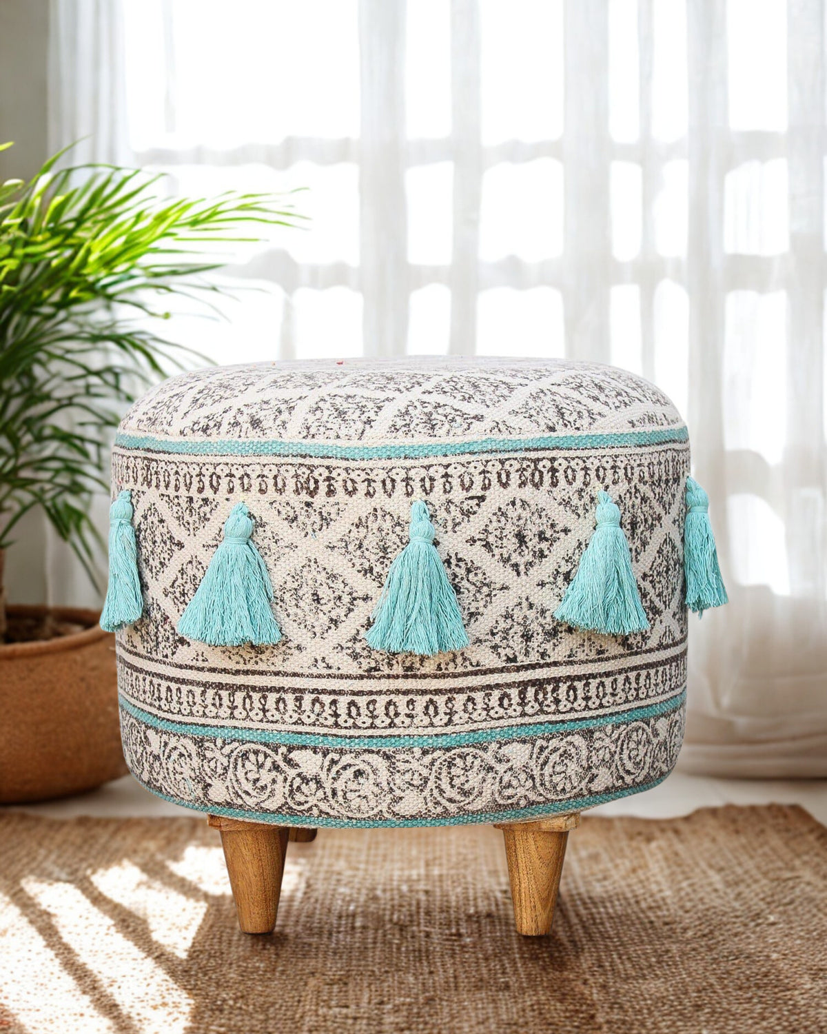 Kilim-Upholstered Cylindrical Ottoman in Aqua — Art Avenue