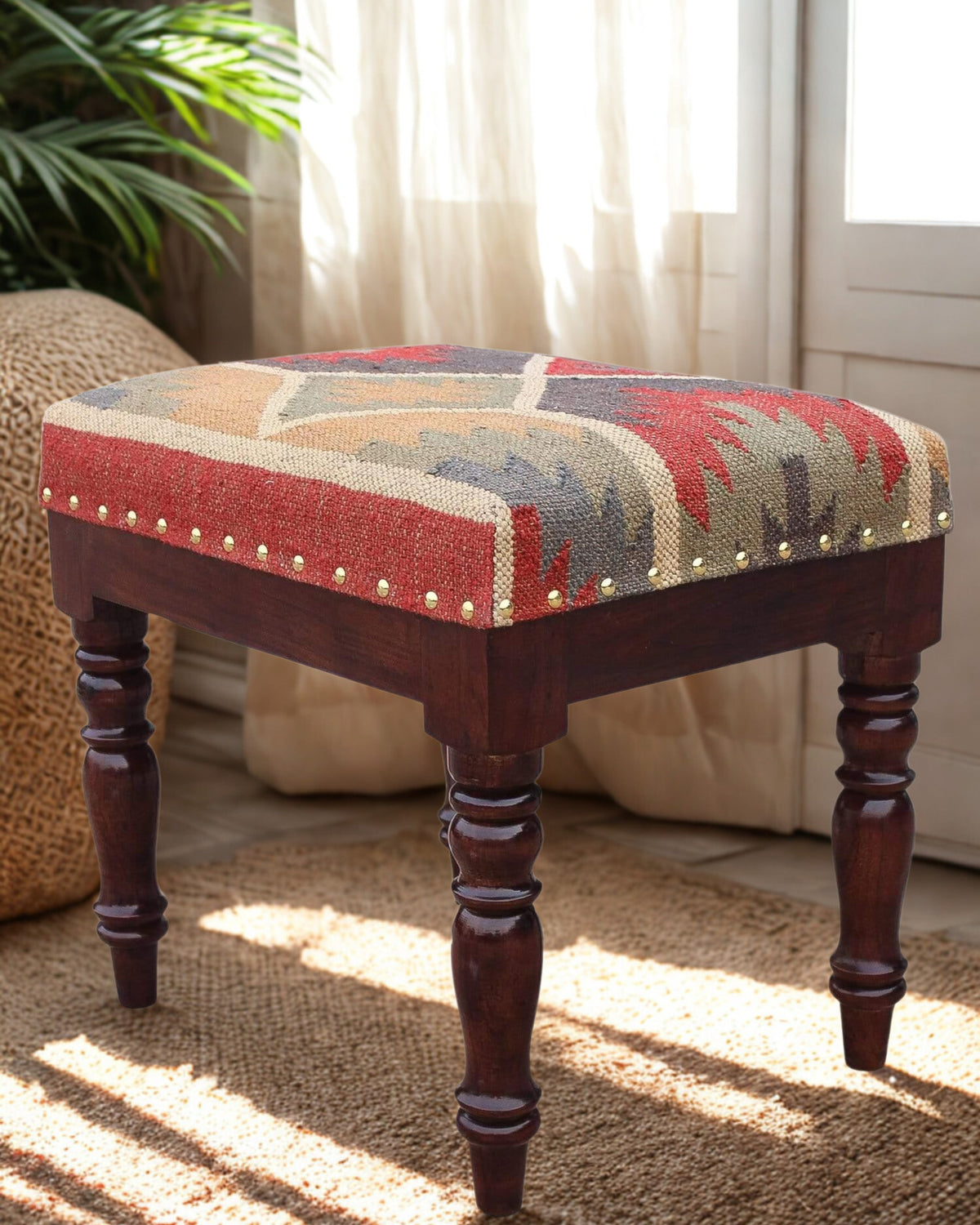 Kilim-Upholstered Rectangular Ottoman in Multicolour — Art Avenue