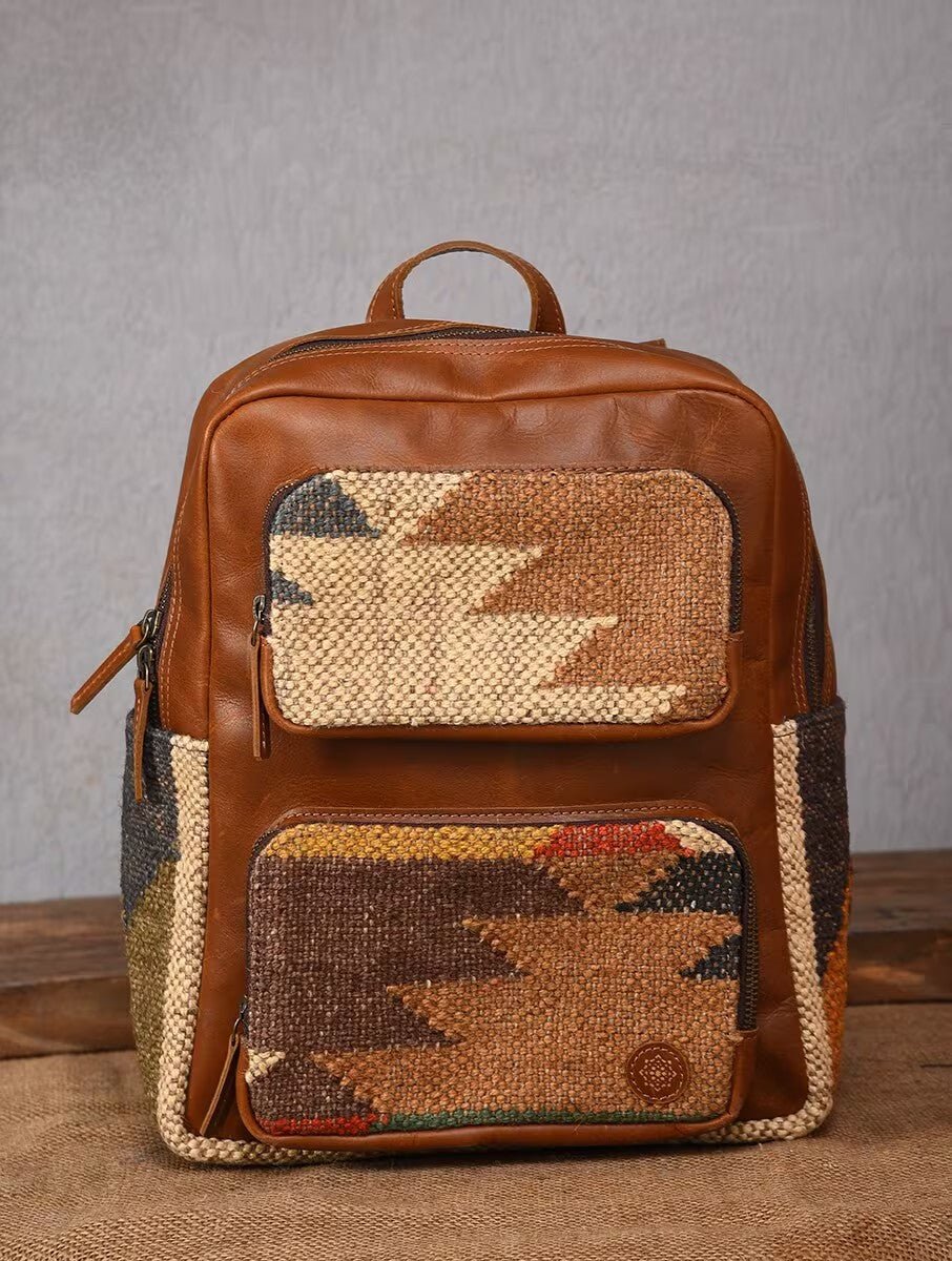 Sabre kilim and leather backpack, alternate view — Art Avenue