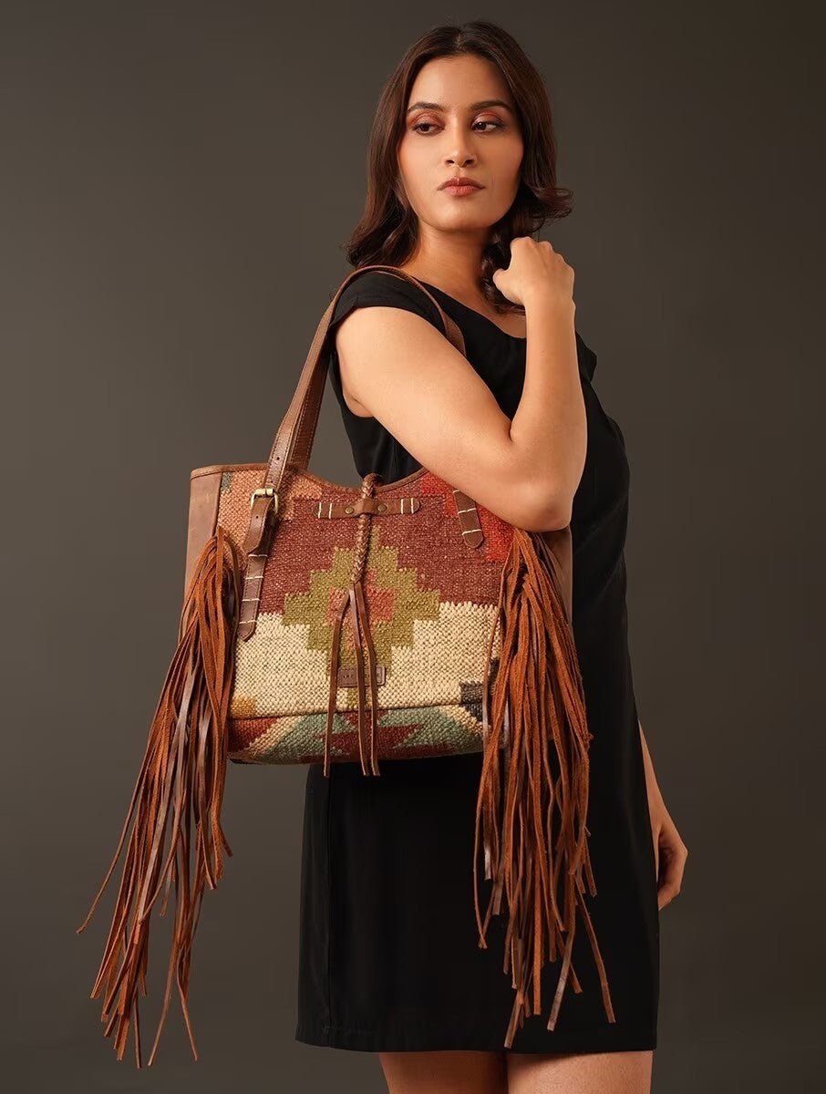 Bohemian kilim and leather handbag interior — Art Avenue