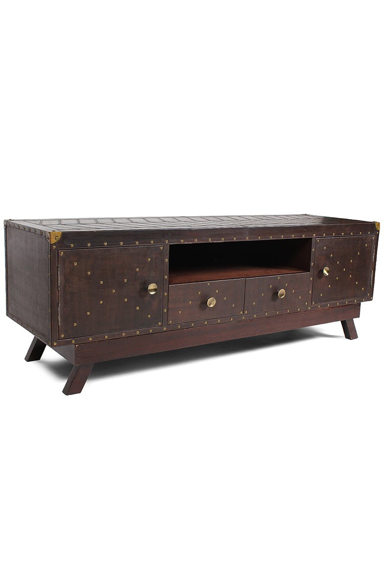 Leather TV unit — open shelf detail — Art Avenue