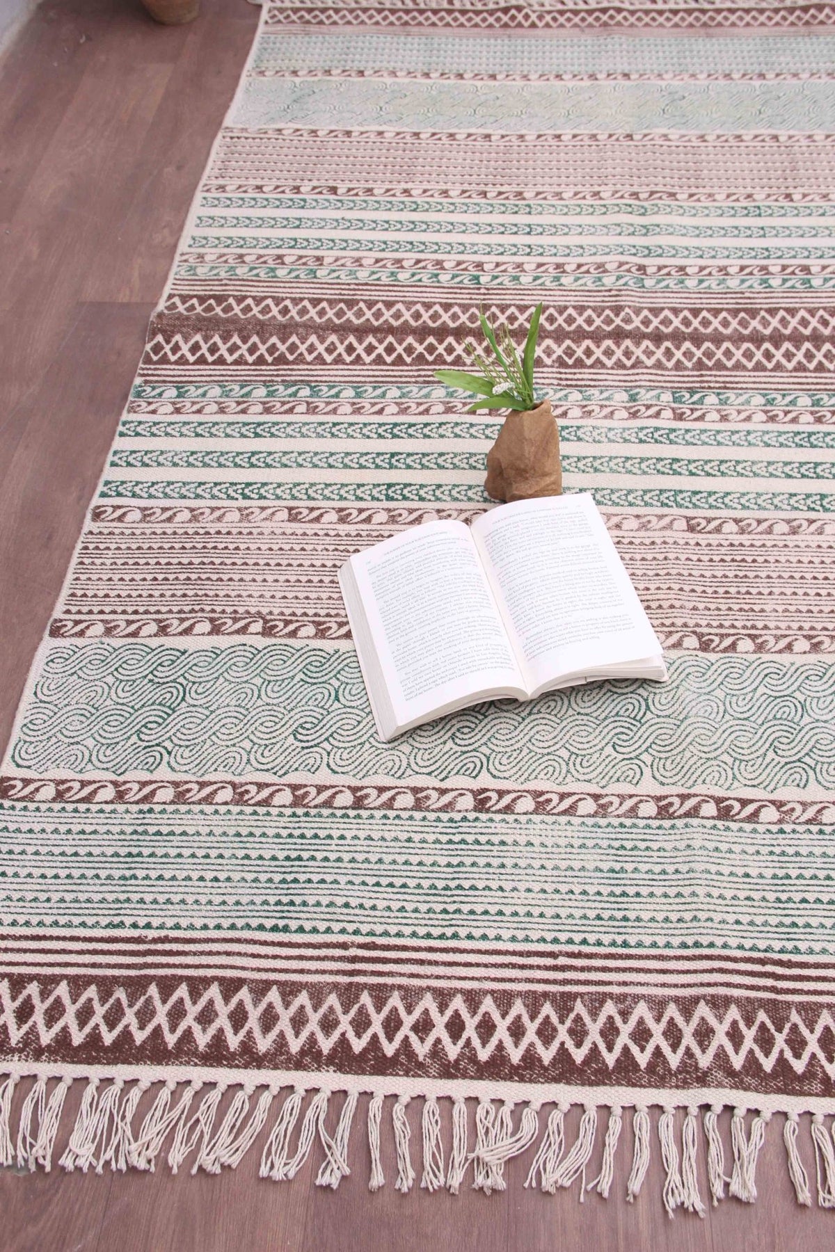 Detail of block-print on blue and brown dhurrie rug — Art Avenue