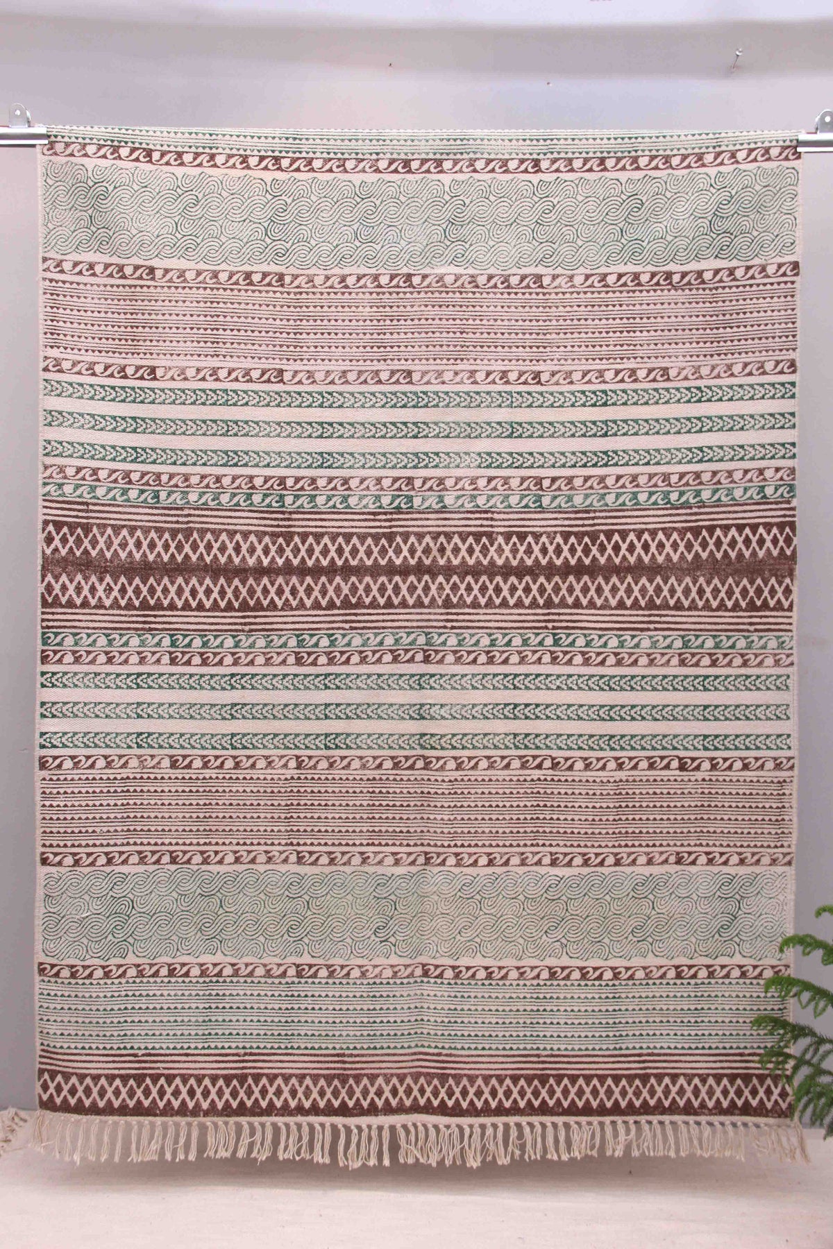 Block-Printed Cotton Dhurrie Rug in Blue & Brown Modern — Art Avenue