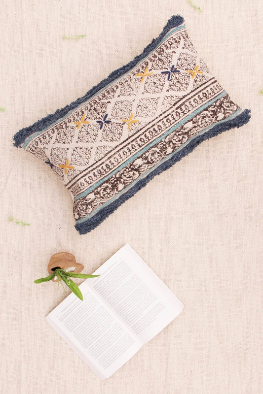 Indica Block-Printed Shaggy Lumbar Cushion Cover — Navy — Art Avenue