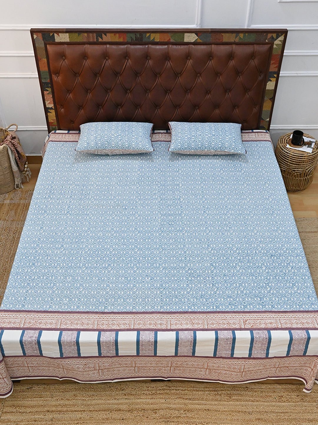 SPIRAL SEA BLUE COTTON BLOCK PRINTED DOUBLE BEDSHEET WITH PILLOW - ART AVENUE