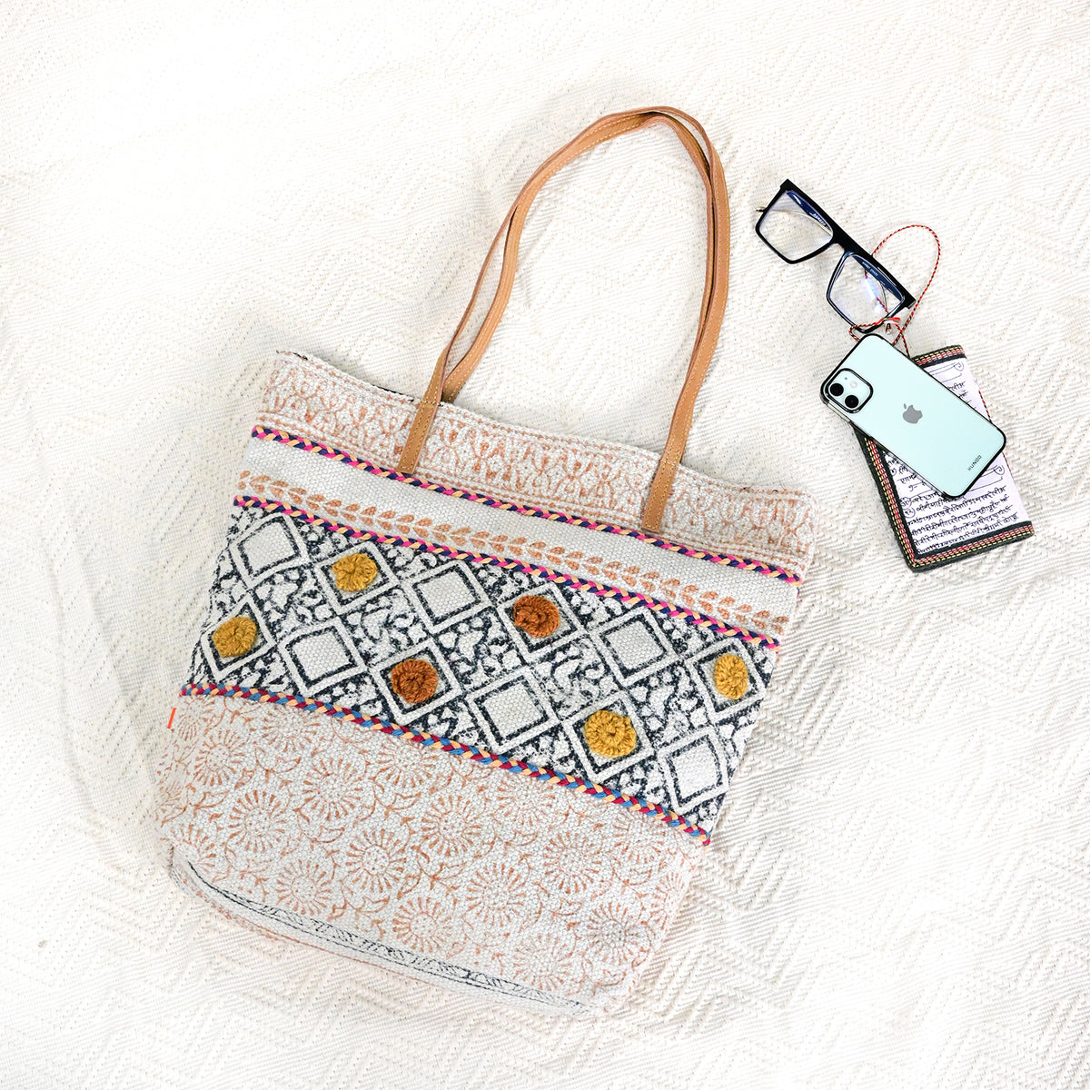 Maize block-printed tote bag on shoulder — Art Avenue