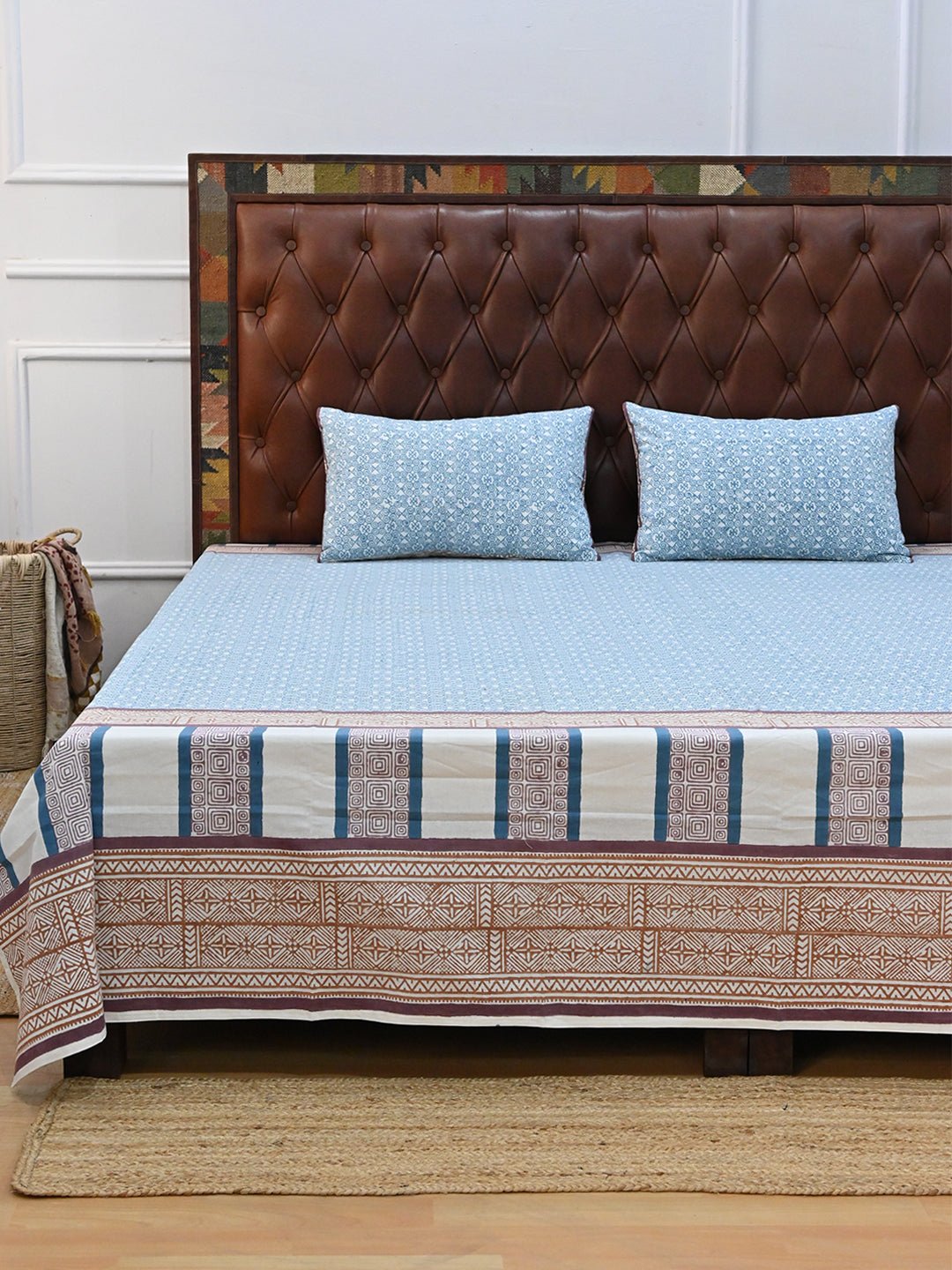 SPIRAL SEA BLUE COTTON BLOCK PRINTED DOUBLE BEDSHEET WITH PILLOW - ART AVENUE