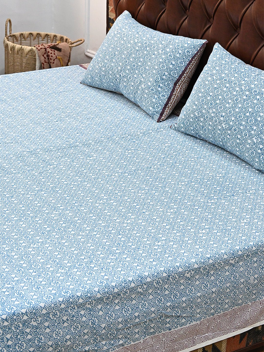 SPIRAL SEA BLUE COTTON BLOCK PRINTED DOUBLE BEDSHEET WITH PILLOW - ART AVENUE