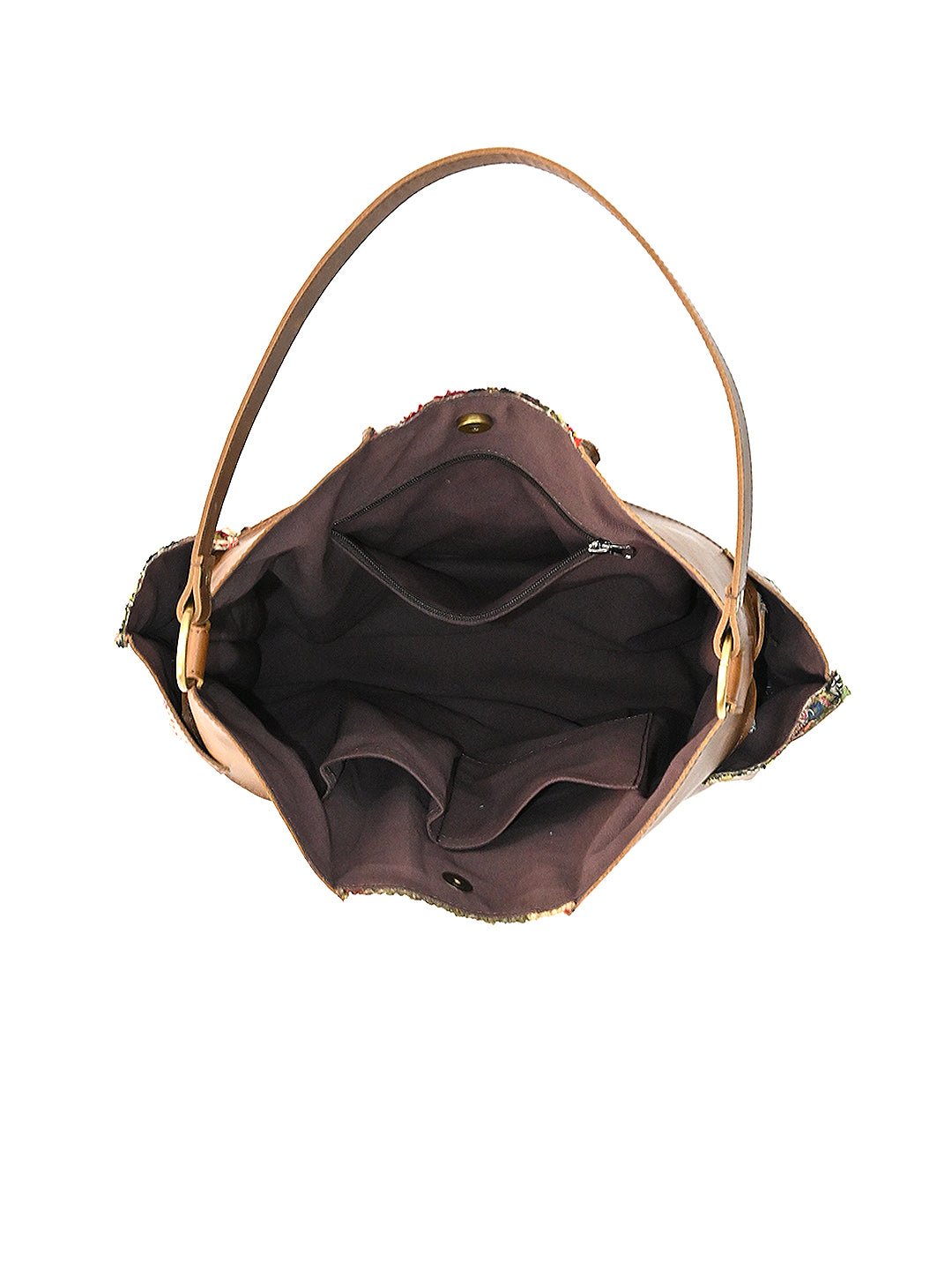 Vagator patchwork handbag on model — Art Avenue