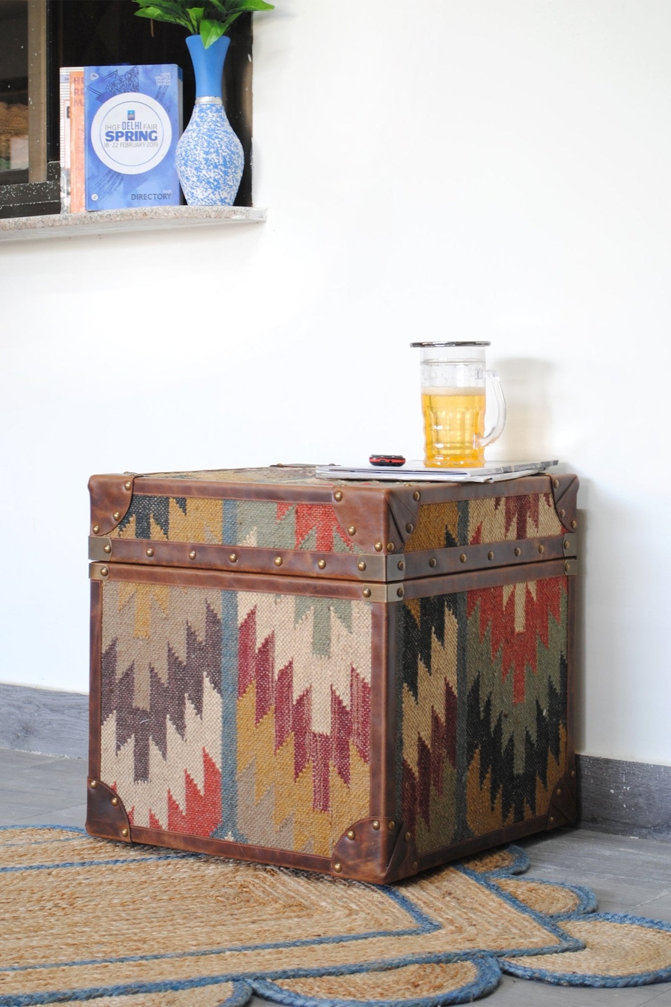 Kilim trunk lid and leather trim detail — Art Avenue