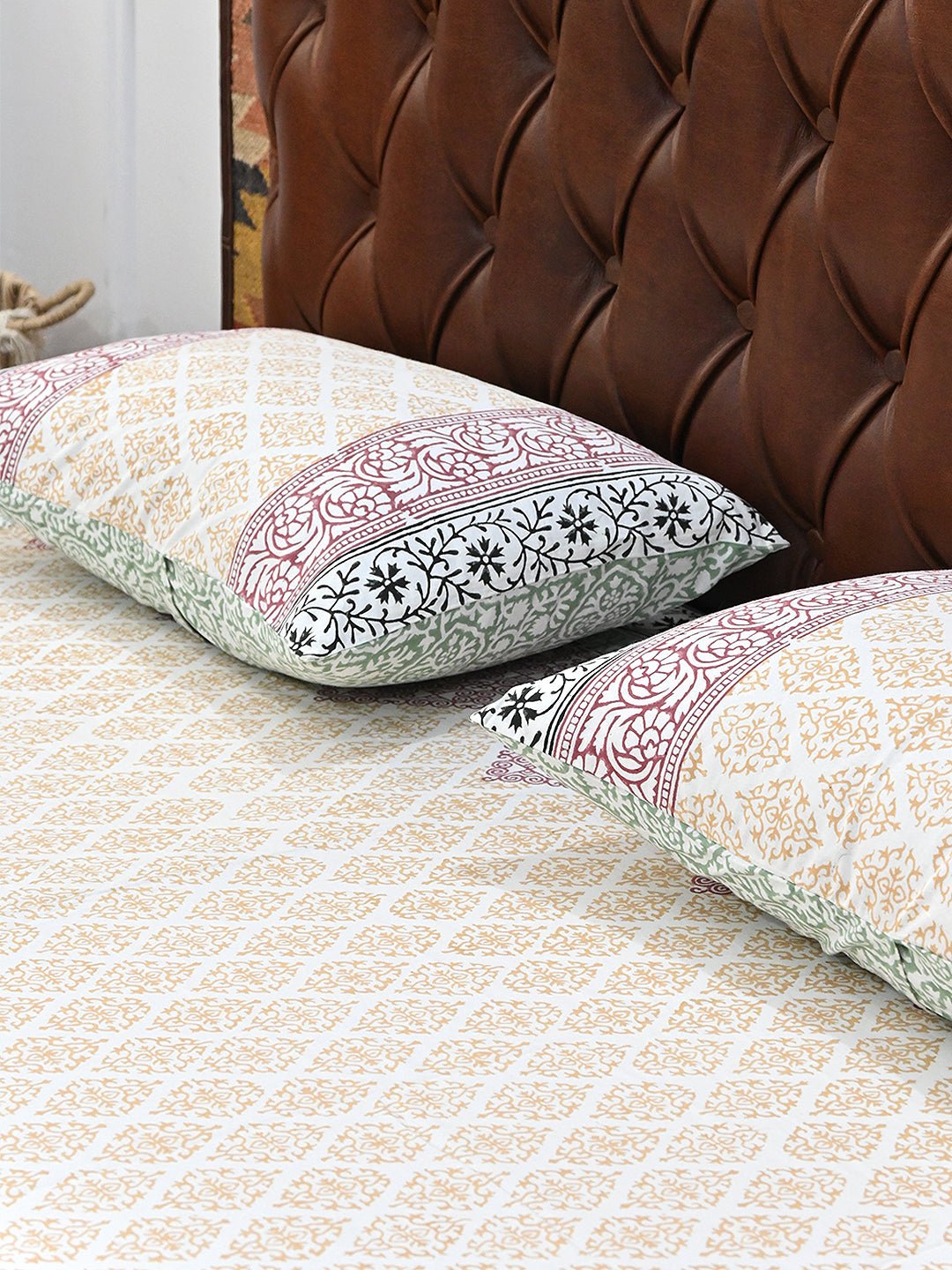 GEOMETRIC YELLOW GREEN COTTON PRINTED DOUBLE BEDSHEET WITH PILLOW - ART AVENUE