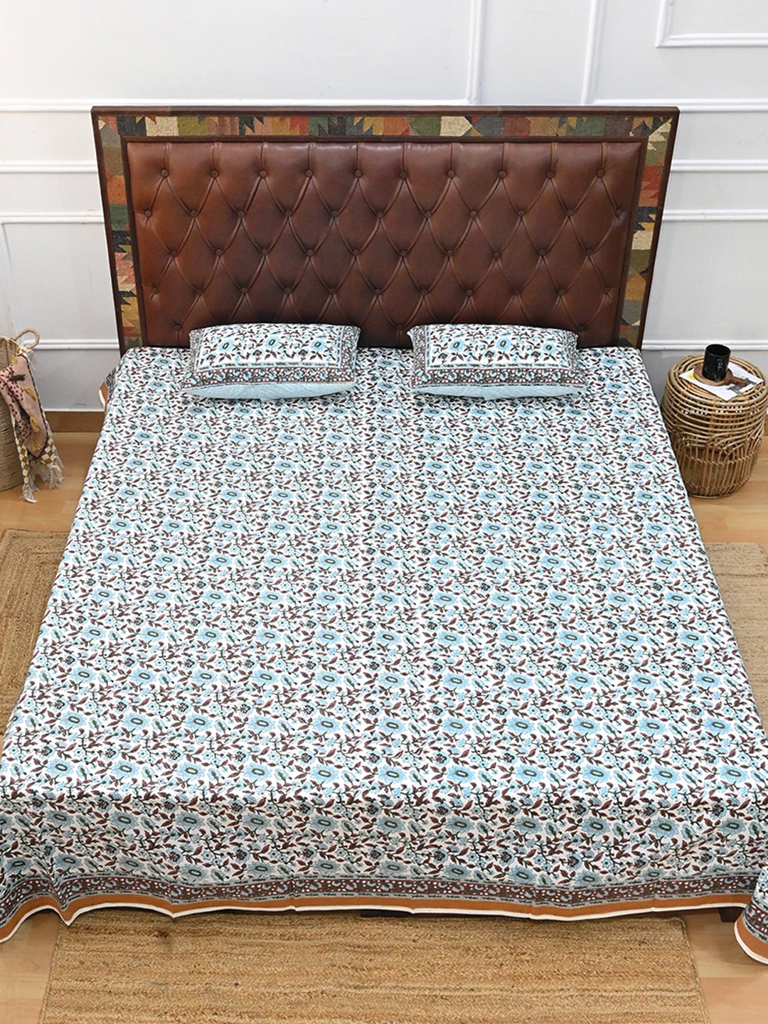 TROPICANA BLUE COTTON BLOCK PRINTED DOUBLE BEDSHEET WITH PILLOW - ART AVENUE