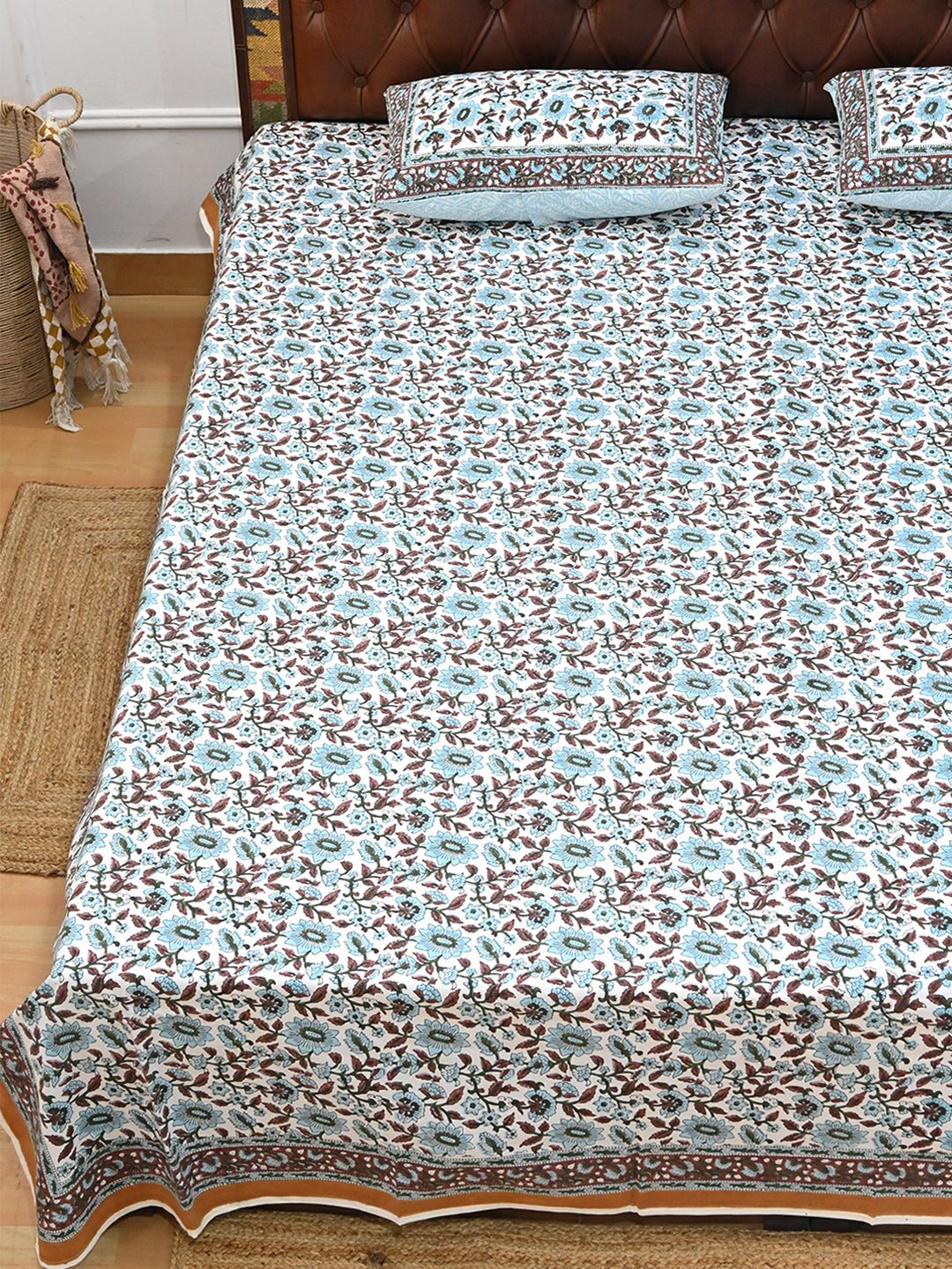 TROPICANA BLUE COTTON BLOCK PRINTED DOUBLE BEDSHEET WITH PILLOW - ART AVENUE
