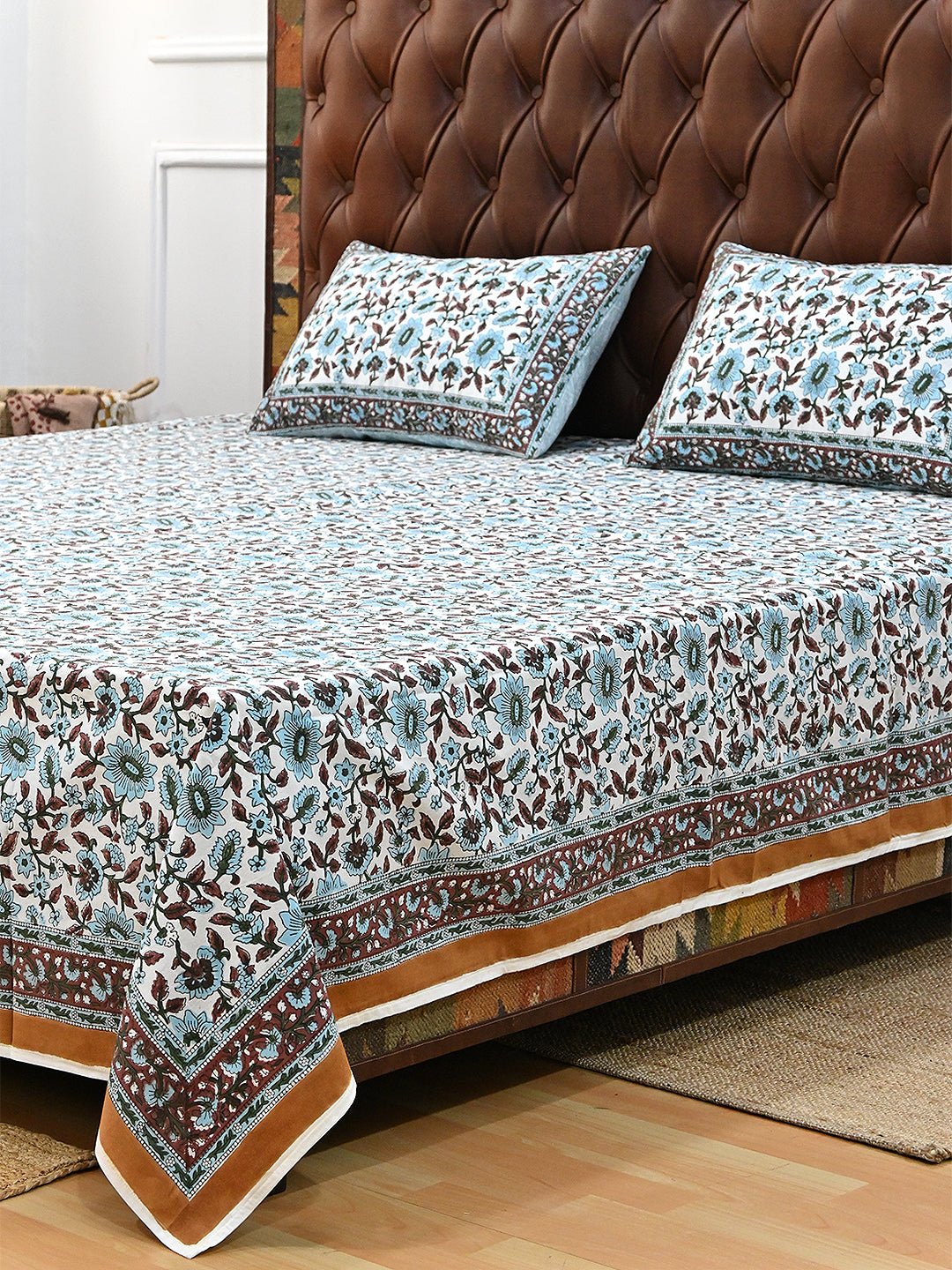 TROPICANA BLUE COTTON BLOCK PRINTED DOUBLE BEDSHEET WITH PILLOW - ART AVENUE
