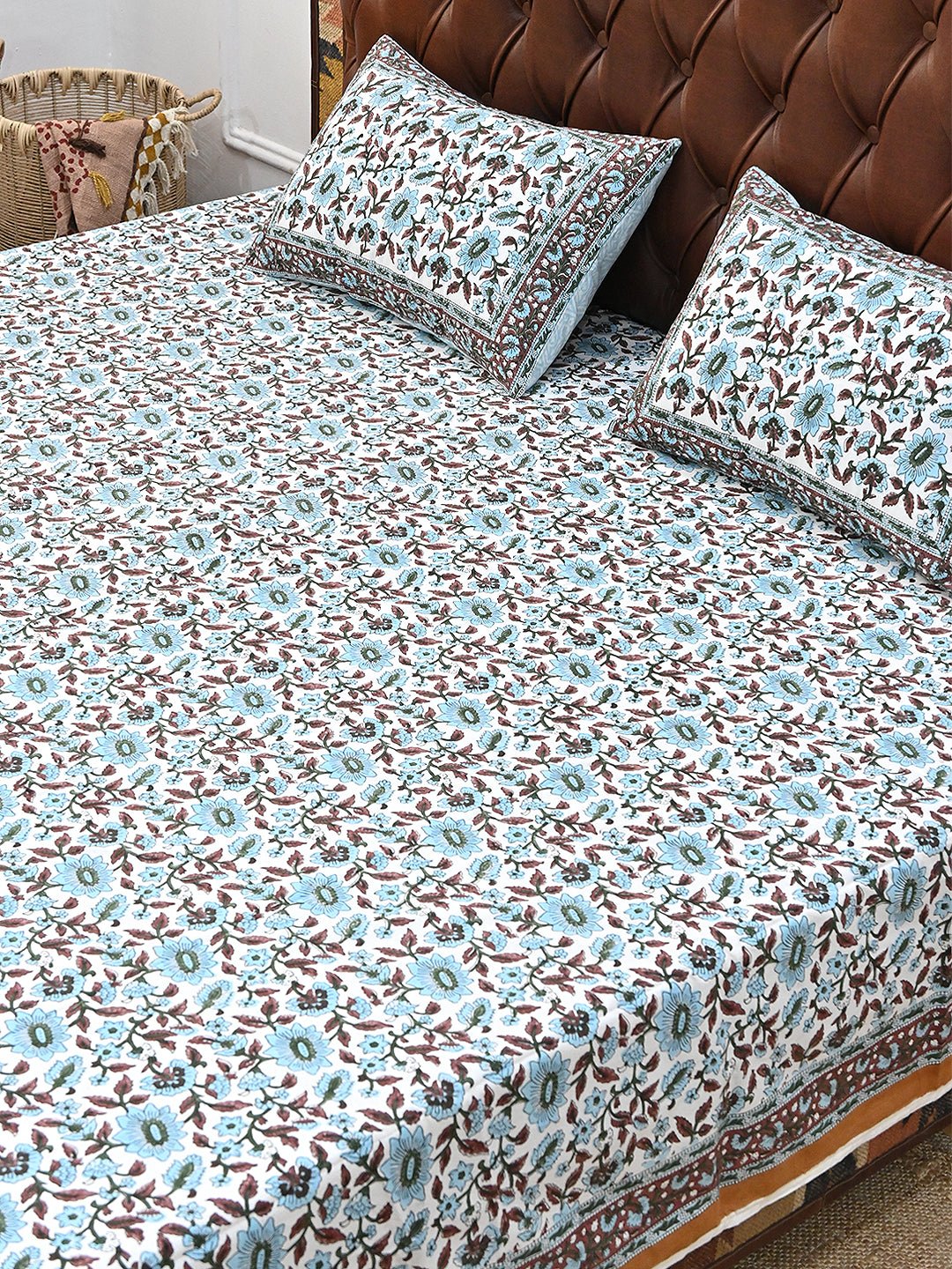 TROPICANA BLUE COTTON BLOCK PRINTED DOUBLE BEDSHEET WITH PILLOW - ART AVENUE