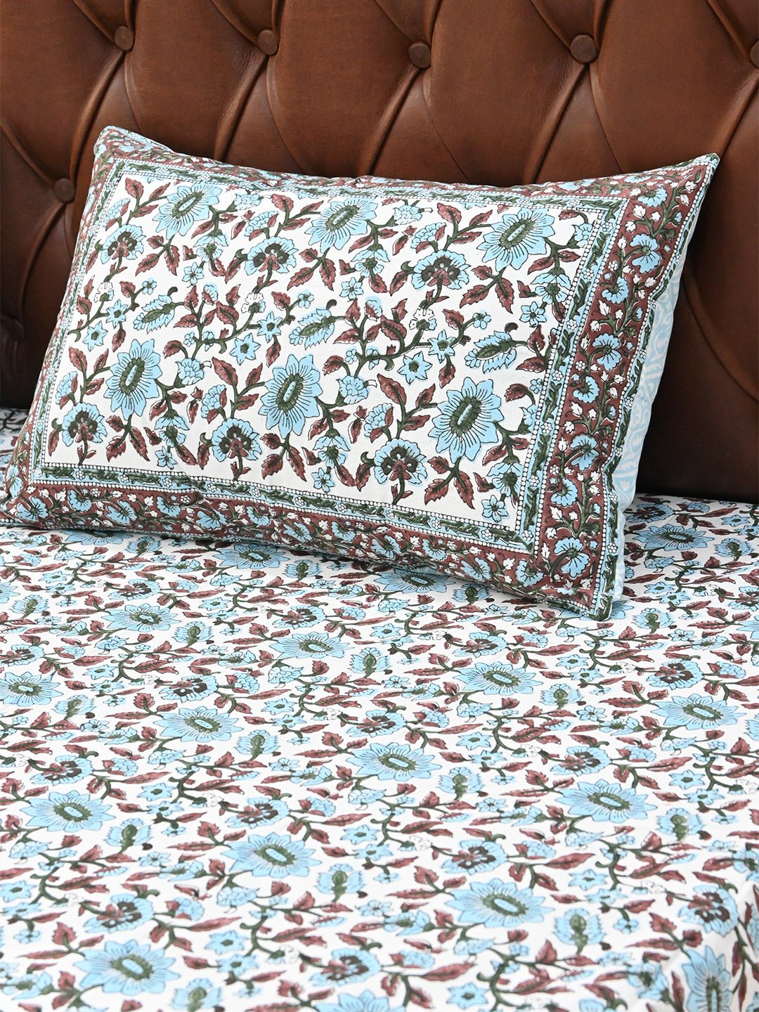 TROPICANA BLUE COTTON BLOCK PRINTED DOUBLE BEDSHEET WITH PILLOW - ART AVENUE
